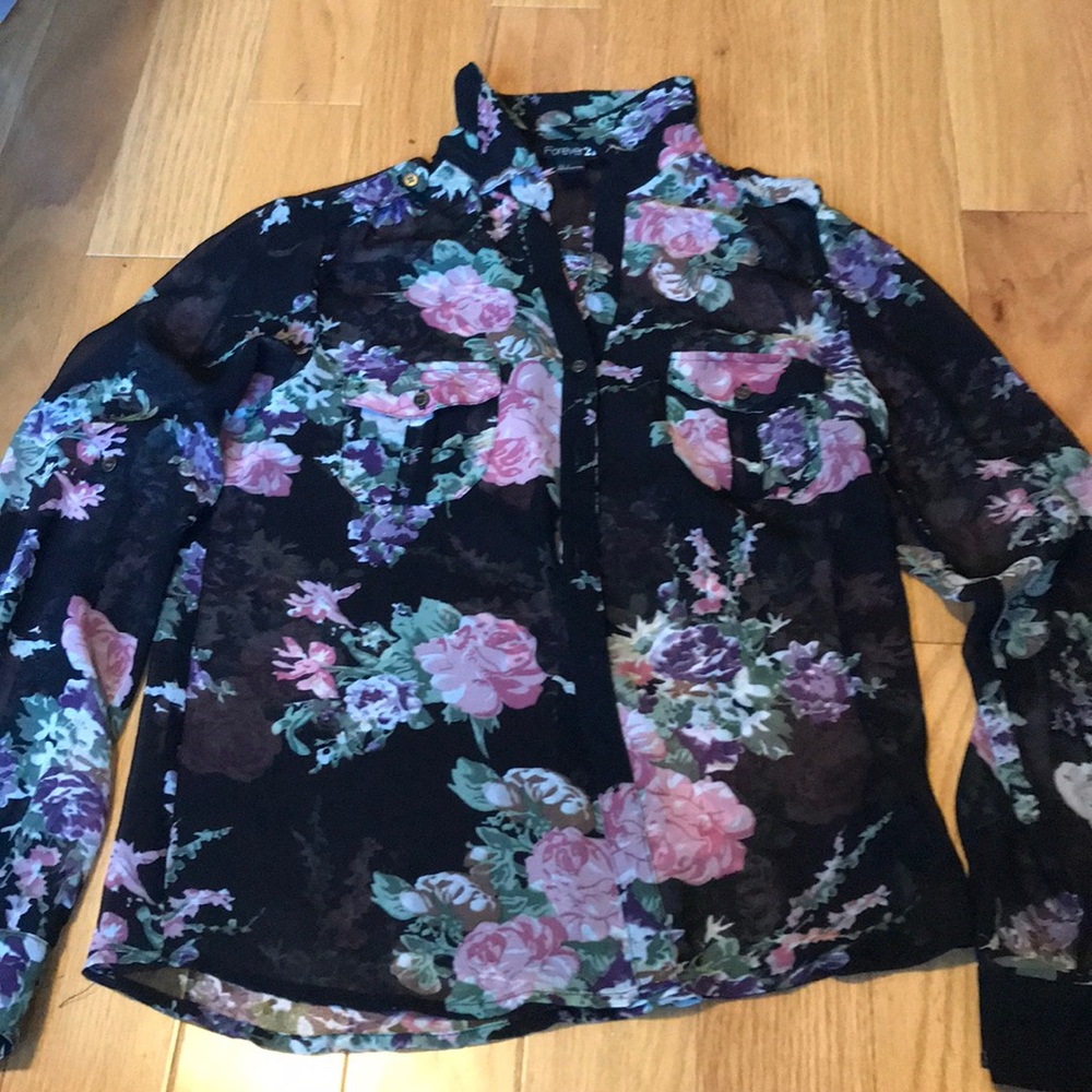 Sheer button up black, floral shirt